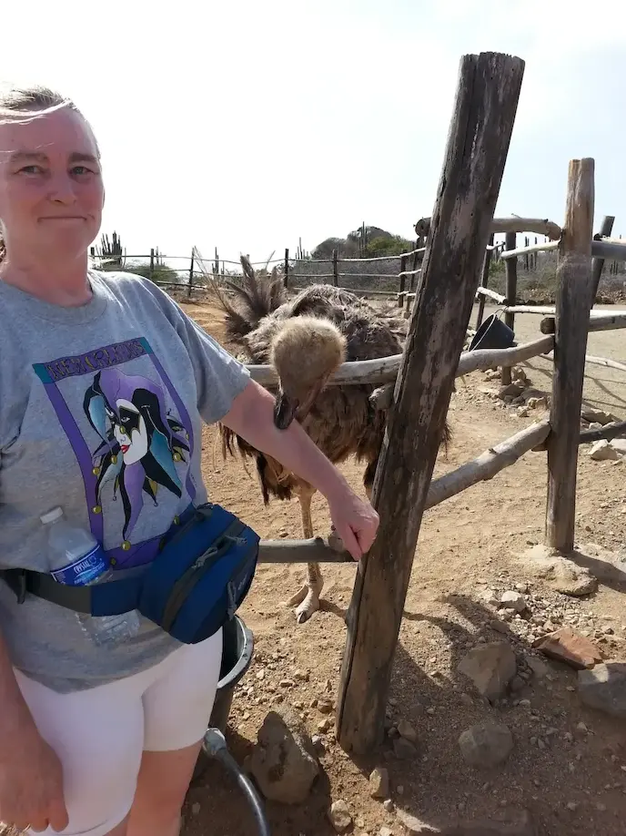 Woman petting an ostrich at a farm, wearing a graphic t-shirt and fanny pack, with dry landscape in the background.